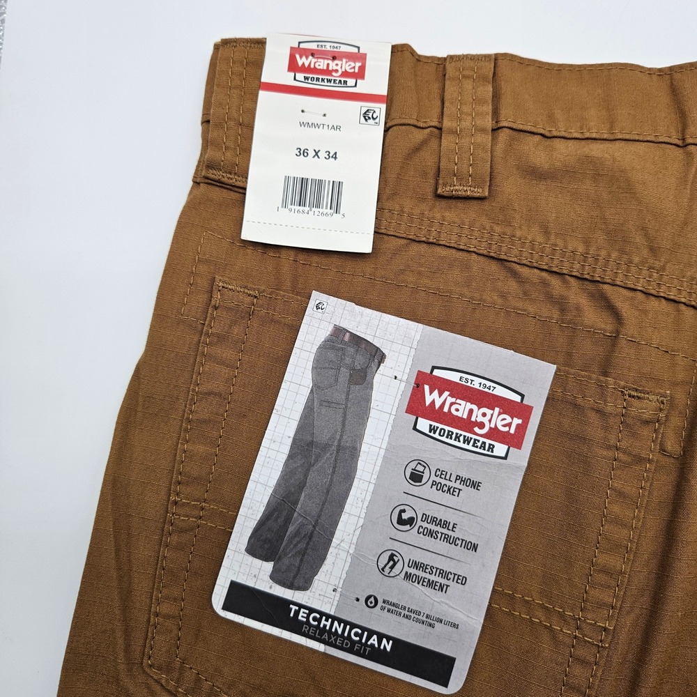 Wrangler Workwear Technician Relaxed Fit Brown Canvas Pants 36x34 WMWT1AR NEW - Picture 5 of 11